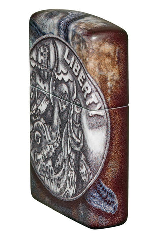 Front shot of Pirate Coin 540 Color Design Windproof Lighter standing at an angle showing the front and right side of the lighter