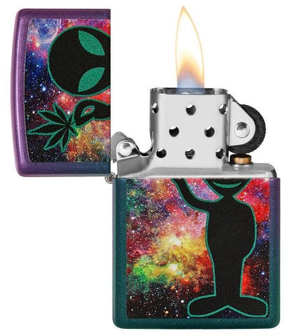 Alien Design Iridescent Windproof Lighter with its lid open and lit