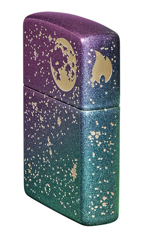 Starry Sky Design Iridescent Windproof Lighter standing at an angle showing the front and right side of the lighter