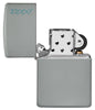 Classic Flat Grey Zippo Logo Windproof Lighter with its lid open and unlit