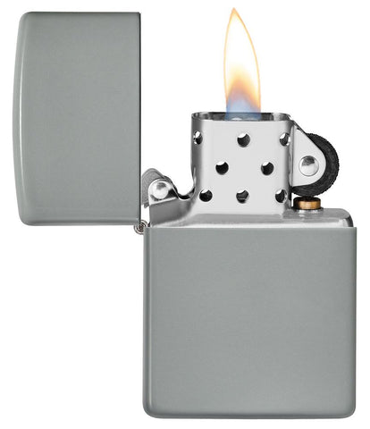 Flat Grey Windproof Lighter with its lid open and lit