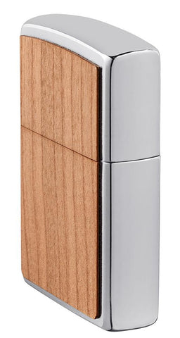 WOODCHUCK USA Cherry Emblem Windproof Lighter standing at an angle showing the front and right side of the lighter