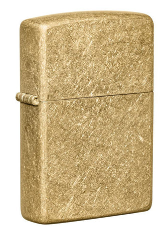 Front of Classic Tumbled Brass Windproof Lighter standing at a 3/4 angle
