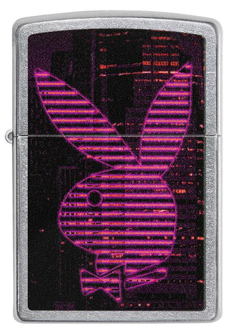 Front of Playboy Neon Pink Striped Rabbit Head Street Chrome™ Windproof Lighter.