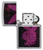 Playboy Neon Pink Striped Rabbit Head Street Chrome™ Windproof Lighter with its lid open and unlit.