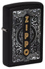 Front shot of Zippo Filigree Design Black Matte Windproof Lighter standing at a 3/4 angle