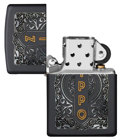 Zippo Filigree Design Black Matte Windproof Lighter with its lid open and unlit