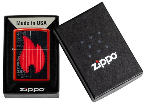 Zippo Flame Logo Design Metallic Red Windproof Lighter in its packaging
