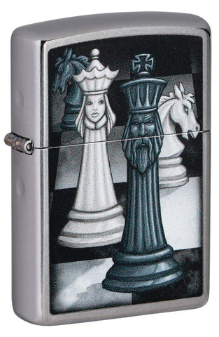 Front shot of Chess Game Design Street Chrome™ Windproof Lighter standing at a 3/4 angle