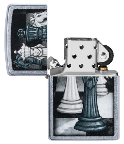 Chess Game Design Street Chrome™ Windproof Lighter with its lid open and unlit