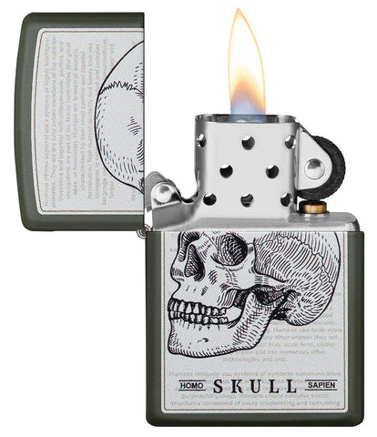 Skull Page Design Green Matte Windproof Lighter with its lid open and lit