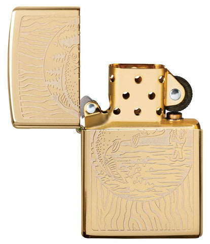 Fisherman Design High Polish Brass Windproof Lighter with its lid open and unlit