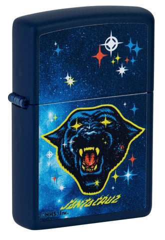Front shot of Santa Cruz Panther Navy Matte Windproof Lighter standing at a 3/4 angle