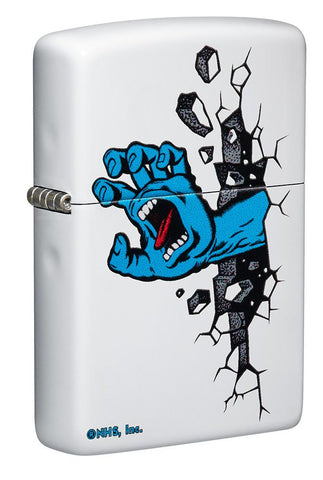 Front shot of Santa Cruz Screaming Hand White Matte Windproof Lighter standing at a 3/4 angle