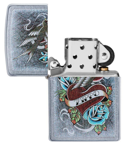 Vintage Tattoo Zippo Windproof Lighter open and lit