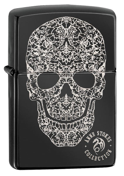 Anne Stokes Fancy Skull High Polish Black windproof lighter facing forward at a 3/4 angle