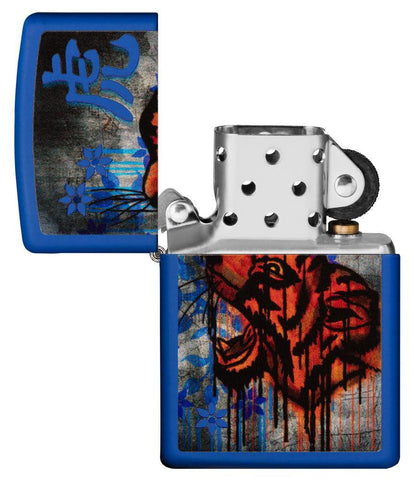 Royal Blue Colorful Tiger Design Windproof Lighter with its lid open and unlit