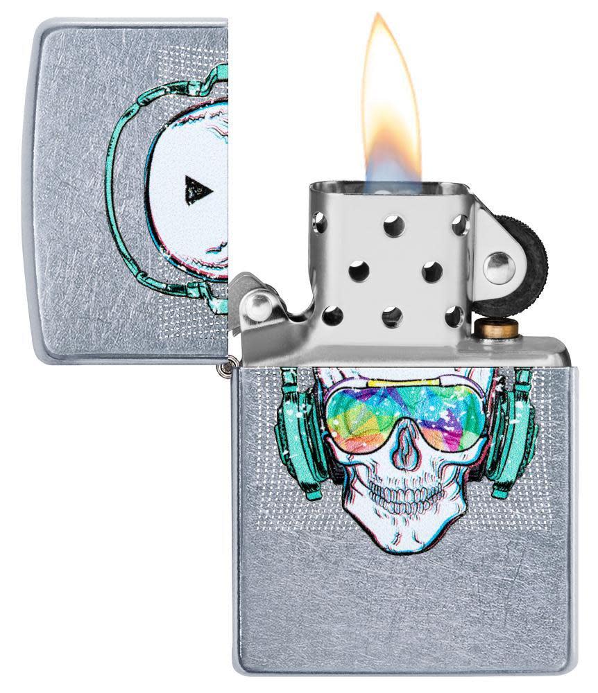 Skull Headphone Design Lighter with its lid open and lit