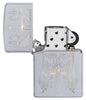 Sword Design Satin Chrome Windproof Lighter with its lid open and unlit