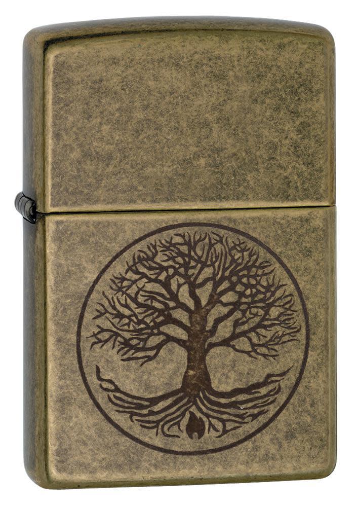 Front shot of Tree of Life Antique Brass Windproof Lighter standing at a 3/4 angle