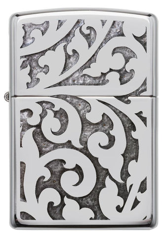 High Polish Chrome Filigree Windproof Lighter Front View
