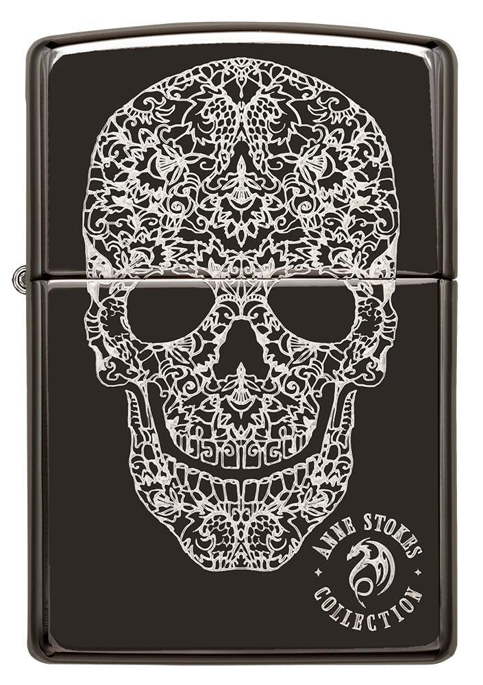 Front of Anne Stokes Fancy Skull High Polish Black windproof lighter