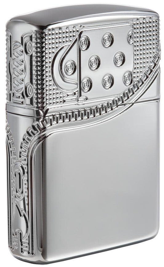 Zippo Zipper Design Windproof Lighter Side and 3/4 View