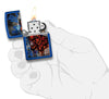 Royal Blue Colorful Tiger Design Windproof Lighter with its lid open and lit