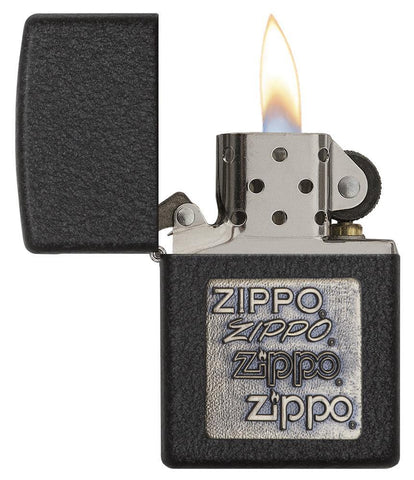 Front view of the Black Crackle Gold Zippo Logo Emblem Lighter open and lit