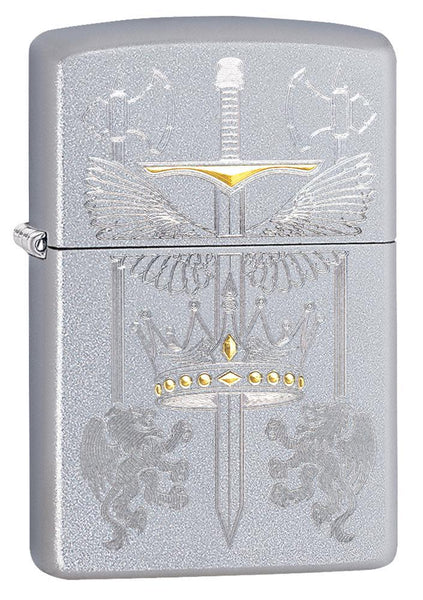 Front shot of Sword Design Satin Chrome Windproof Lighter standing at a 3/4 angle