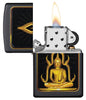 Front view of the Black Matte Buddha Lighter open and lit
