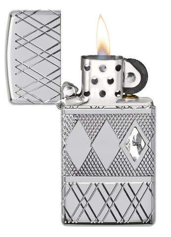 Front view of the Diamond Pattern Design Lighter open and lit 