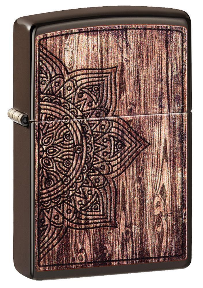 Wood Mandala Design Brown Matte Windproof Lighter facing forward at a 3/4 angle