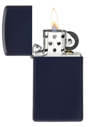 Slim Navy Matte Windproof Lighter open and lit