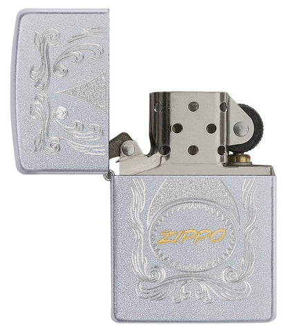 Zippo Gold Script Satin Chrome Windproof Lighter with its lid open and unlit