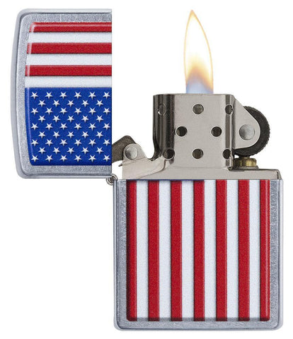 Patriotic Street Chrome Windproof Lighter with its lid open and lit.