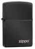 Front shot of Classic High Polish Black Zippo Logo Windproof Lighter standing at a 3/4 angle