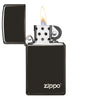 Front view of the Slim Ebony Finish with Zippo Logo open and lit