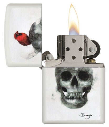 Steven Spazuk Art Skull and Bird Windproof Lighter open and lit