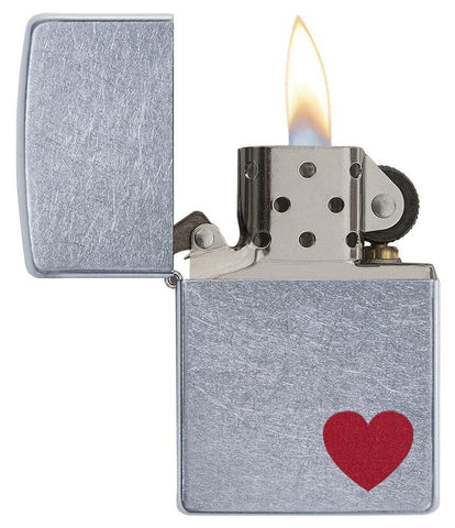 Front view of the Red Heart Love Design Lighter open and lit