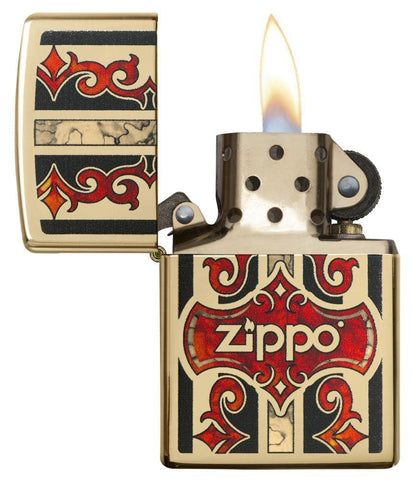 Front view of the Jazzy Zippo Logo with Red Vintage Embellishments, Fusion Process open and lit 