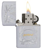 Zippo Gold Script Satin Chrome Windproof Lighter with its lid open and lit