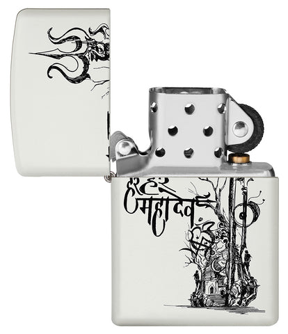 Shiva's Trishul White Matte Pocket Lighter with its lid open and unlit