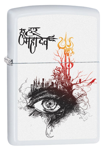 Front of Shiva's Third Eye White Matte Windproof Lighter standing at a 3/4 angle