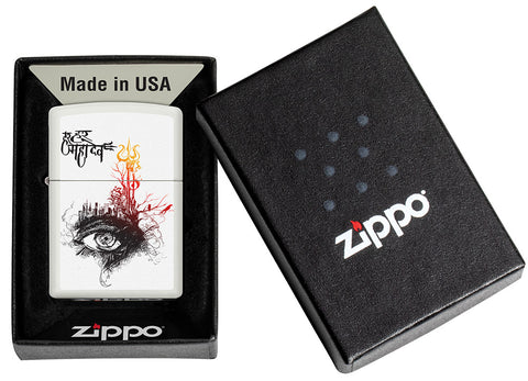 Shiva's Third Eye White Matte Windproof Lighter in its packaging
