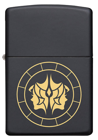 Front of Gemini Zodiac Sign Design Black Matte Windproof Lighter