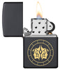 Gemini Zodiac Sign Design Black Matte Windproof Lighter with its lid open and lit