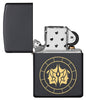 Gemini Zodiac Sign Design Black Matte Windproof Lighter with its lid open and unlit