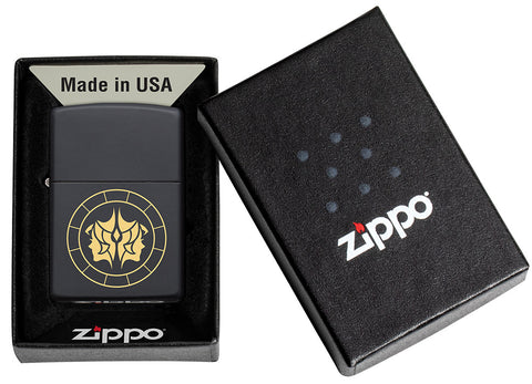 Gemini Zodiac Sign Design Black Matte Windproof Lighter in its packaging
