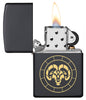 Aries Zodiac Sign Design Black Matte Windproof Lighter with its lid open and lit